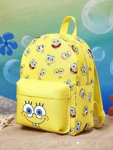 SpongeBob SquarePants | SHEIN 1 個卡通角色圖案印花聚酯纖維背包，可調節肩帶，適合學生、男士、女士，適用於學校、戶外遠足、休閒健行、旅行、通勤，海綿 - 黃色 - 查看 4