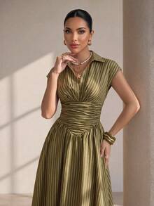 Xyvia Black Elegant Striped Shirt Collar Cinched Waist Full Skirt Long Dress For Women - Multicolor - View 4