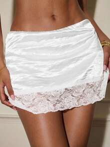 SHEIN ICON Saia Elegante de Verão Feminina com Patchwork de Renda em Cor Sólida - Branco - Visão 3