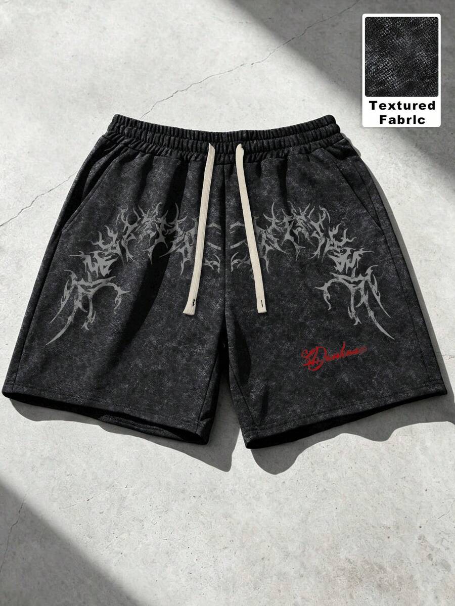Manfinity EMRG 男士黑色哥德風街頭風短褲,復古水洗做舊布料,深色印花寬鬆抽繩短褲,夏季休閒短褲,適合音樂節、派對與日常穿著 - 彩色 - 查看 1