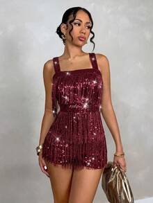Glamine 女款時尚修身亮片流蘇黑色粗肩帶掛脖露肩露背閃亮短款夜店派對連身褲，性感魅力電音節雞尾酒短連身褲，度假派對性感穿搭服飾 - 酒紅色 - 查看 5