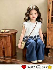 SHEIN Elladie kids 2件組女童夏季新款小圓領露背水滴藍蝴蝶結仿刺繡印花布料短袖荷葉袖前胸蝴蝶結裝飾上衣休閒直筒短褲簡約復古時尚套裝 - 白色 - 查看 2
