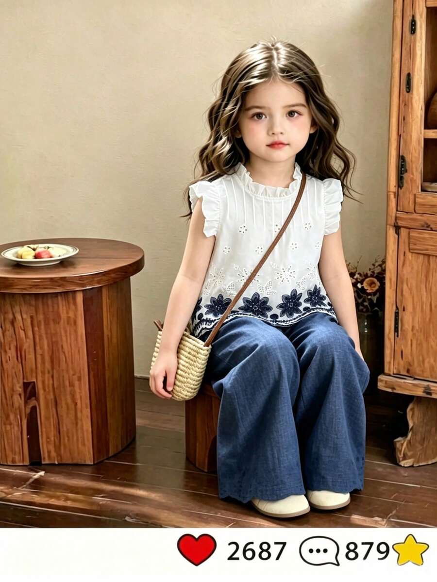 SHEIN Elladie kids 2件組女童夏季新款小圓領露背水滴藍蝴蝶結仿刺繡印花布料短袖荷葉袖前胸蝴蝶結裝飾上衣休閒直筒短褲簡約復古時尚套裝