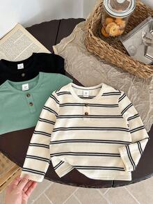 SHEIN LMoss Kids Kids Young Boy Knit Solid Color Striped Crew Neck Casual T-Shirt 3pcs Set - Multicolor - View 4