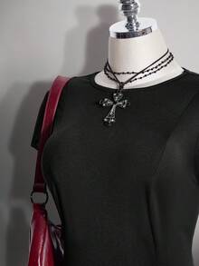 SHEIN ICON 大尺碼女款素色圓領開衩設計休閒派對洋裝 - 黑色 - 查看 4