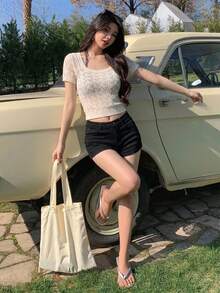 DAZY 女款純色圓領休閒百搭日常穿著遮陽上衣 夏季 - 白色 - 查看 4