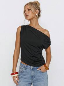 Avantive Women's Solid Color Asymmetric Shoulder Ruched Casual Versatile Daily Wear Top - Black - View 6