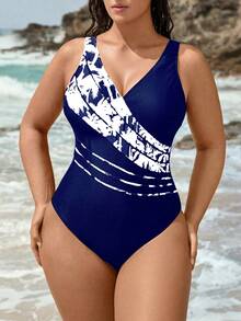 Swim SPRTY 大尺碼女款印花連身泳衣，粗肩帶，海軍藍，夏季海灘度假派對熱帶風 - 彩色 - 查看 4