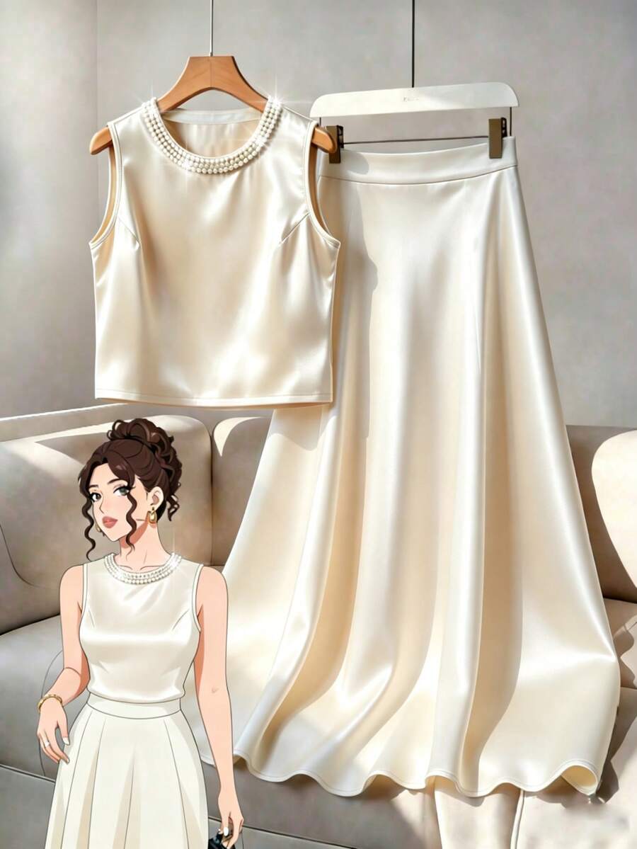 GlowEve CURVE Plus Size Elegant Casual Faux Pearl Beaded Camisole And Mini Skirt 2 Pieces Set Summer Graduation Bussines Champagne Formal Wedding Guest - Apricot - View 1