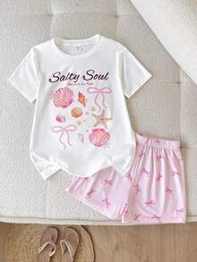 SHEIN Tween女孩休閒極簡可愛軟綿奶油白Salty Soul甜美海星貝殼珍珠蝴蝶結印花短袖T恤與粉色條紋短褲套裝，圓領短袖短褲，適合夏季與秋季 - 粉色 - 查看 2