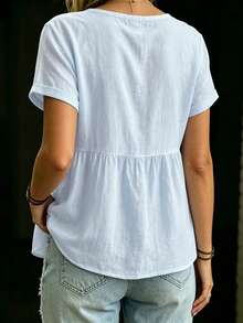 SHEIN LUNE 純棉 A 字娃娃領鈕扣式休閒度假短袖女款襯衫 - 藍色 - 查看 2