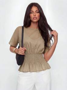 Avantive Top casual versatile da donna a maniche corte, tinta unita, plissettato, per uso quotidiano - Castano - Visualizzare 5