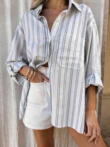 Airaco Women's Striped Colorblock Pocket Single-Breasted Long Sleeve Minimalist Versatile Shirt - Blue - View 5
