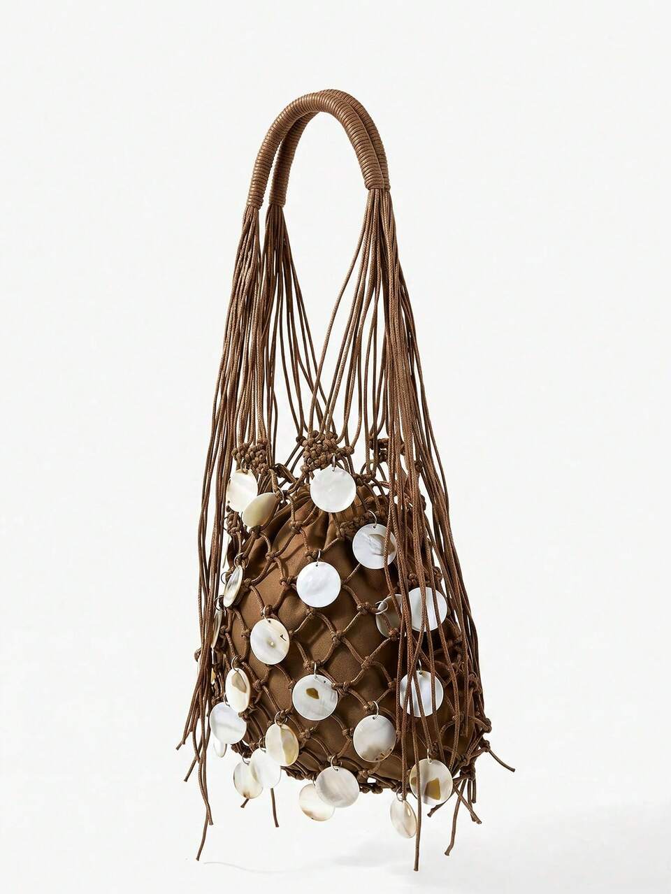 SHEIN Maija Ladies Fashionable Elegant Simple Summer Hand-Woven Hollow Round Faux Shell Pieces Fringed Shoulder Bag, Brown, Holiday Seaside Beach