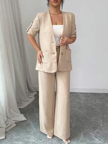Modelyn Plus Size Women's Solid Color Rolled Hem Short Sleeve Single Breasted Jacket And Pants 2pcs Set Fall - Khaki - View 5