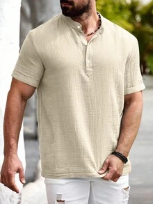 Genlund Manfinity Nomadique 男士休闲棉麻衬衫 夏季 横领衬衫 男士 Polo 衫 男士衬衫 Polo 衫 男士假日 - 杏色 - 查看 5