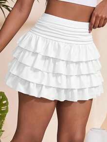 SHEIN Leap Crew Tween Girls White Ruffle Hem Mini Skirt, Casual Versatile Skirt For Summer, Suitable For Commuting, Elegant , Party, Family Gathering, Graduation, Vacation - White - View 3