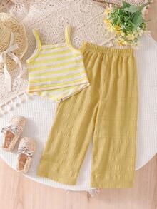 SHEIN Elladie kids 2件/套 女童夏季創意3D流蘇裝飾蕾絲拼接不對稱下擺背心與休閒長褲套裝，時尚亮眼夏季度假與外出穿搭 - 黃色 - 查看 3