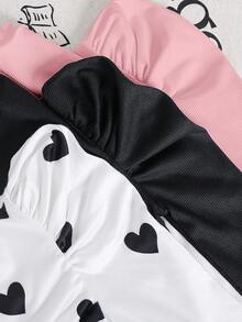 SHEIN LMoss Kids 少女秋冬休閒百搭假領泡泡長袖愛心印花修身T恤3件組 - 粉色 - 查看 4