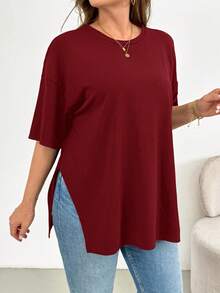 SHEIN CURVE+ 大尺碼女款酒紅色夏季休閒日常寬鬆舒適基本款下擺開衩短袖T恤 - 酒紅色 - 查看 6