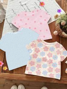 SHEIN LMoss Kids 3件組可愛花卉藍色蝴蝶夏季女童服裝套裝，圓領短袖T恤，藍色條紋，粉色休閒童裝 - 彩色 - 查看 2