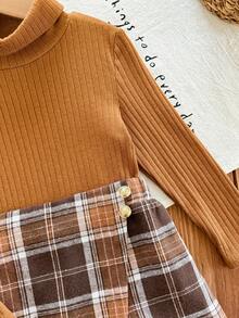 LMoss Kids 女童高領T恤與格紋裙褲2件套，適合日常通勤穿著，女童秋季服飾 - 彩色 - 查看 4