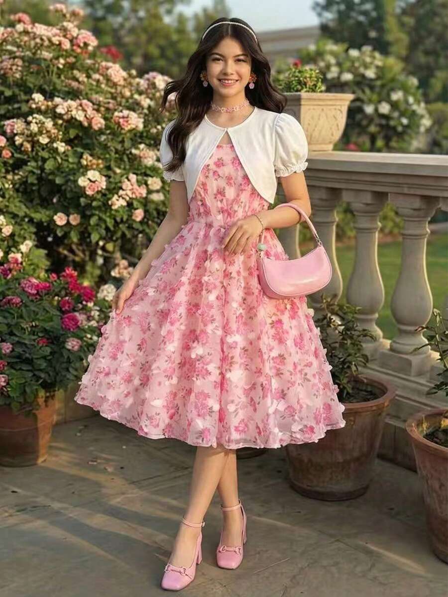 SHEIN طقم صيفي للبنات المراهقات بأسلوب أنيق للعطلات، جاكيت بأكمام منتفخة وكشكشة وفستان كاميسول مزين بزهور ثلاثية الأبعاد، 2 قطعة، مناسب للعطلات والحفلات - وردي - مشاهدة 1