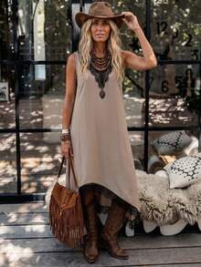LanaWest Women's Khaki V-Neck Black Lace Trim Sleeveless Asymmetrical Hem A-Line Western Romantic Sexy Vintage Loose Dress LilyWest - Khaki - View 3