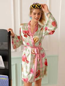Chillnights Young Shell Fruit Plaid Print Satin Women's Robe - Multicolor - View 3