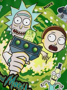 Rick and Morty X SHEIN 1 個科幻科學家與男孩卡通主題可摺疊購物袋，輕量聚酯纖維重複使用購物袋，附迷你收納袋與珠鏈掛飾，大容量日常使用托特包，科幻卡通迷的完美禮物 - 黑綠 - 查看 5