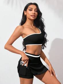 SHEIN Cheerettes 女款拼色單肩上衣與口袋裙褲休閒日常運動套裝 - 黑與白 - 查看 3
