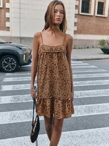 Nöista Robe décontractée pour femmes à bretelles spaghetti, imprimé intégral, plissée, pour rendez-vous et soirée - Kaki - View 1