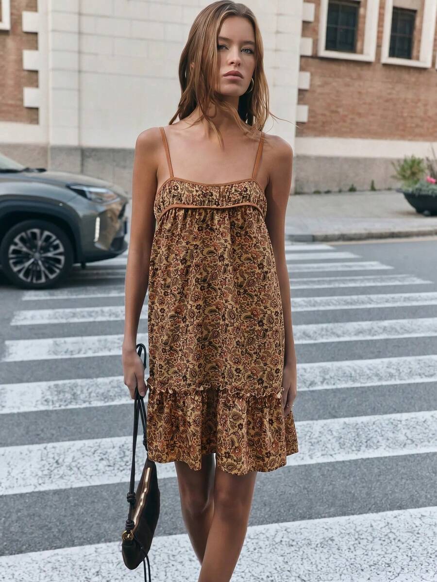 Nöista Robe décontractée pour femmes à bretelles spaghetti, imprimé intégral, plissée, pour rendez-vous et soirée - Kaki - View 1