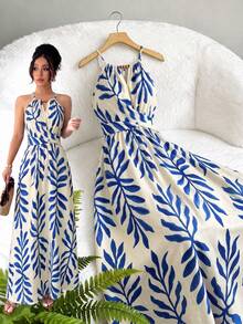 Elenzga Women's Spring/Summer Apricot Elegant Casual Beaded Design Sleeveless Fitted Slim Fit A-Line Dress - Blue - View 4