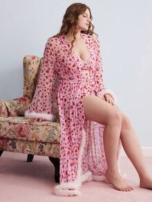 Elorette 3件組甜美愛心印花絨毛飾邊網紗睡衣套裝 - 粉色 - 查看 4