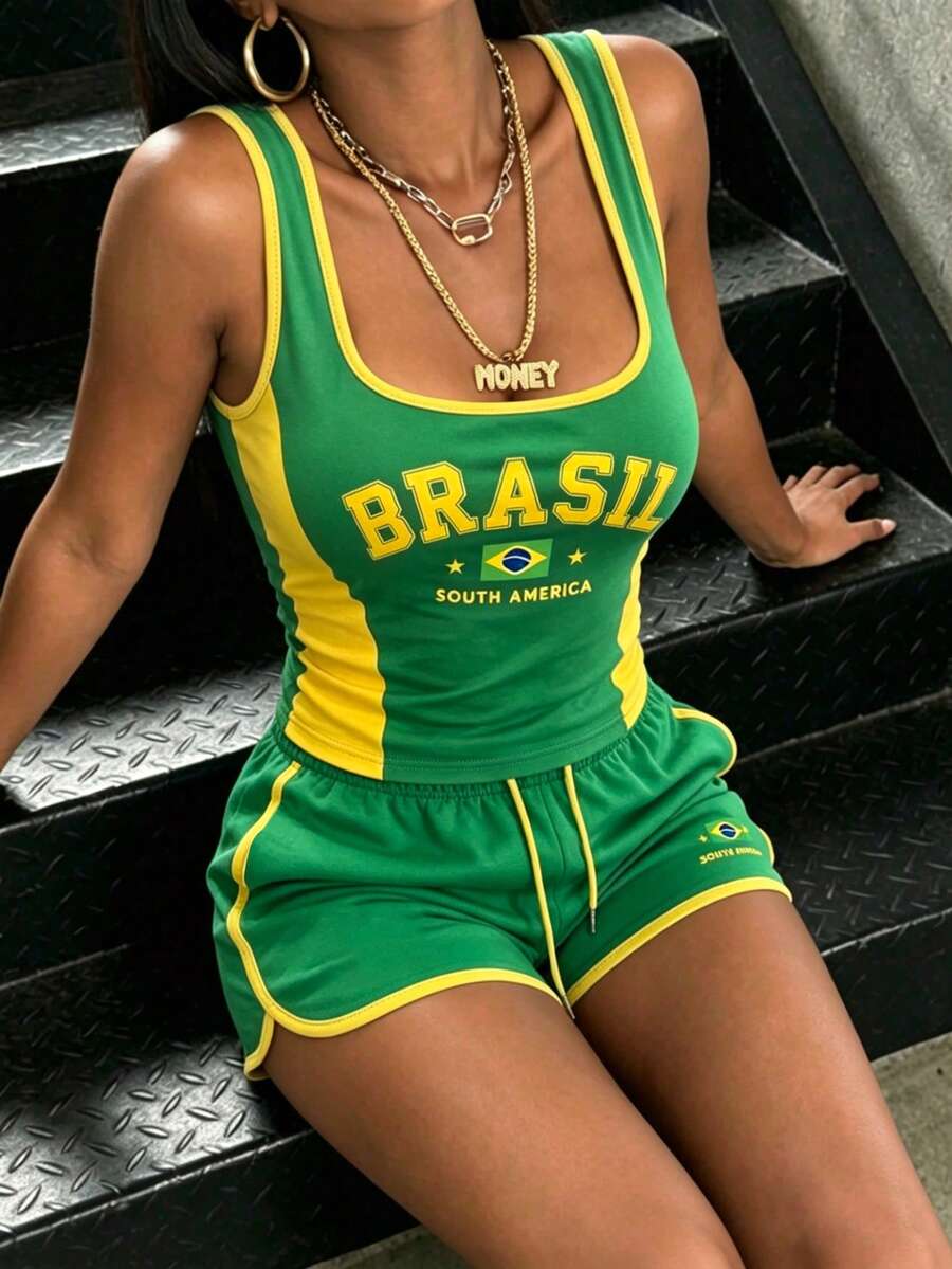 Rovax Summer Women's Square Neck Solid Color Casual Tank Top And Shorts 2 Pieces Set - Multicolor - View 1