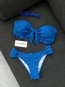 Swim Vcay Set Baju Renang Liburan Pantai Lucu dengan Tali Bahu Warna Polos, Kain Jacquard, Tanpa Kawat, dan Dekorasi Pita untuk Musim Semi/Panas - Biru - View 2