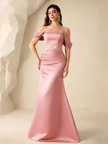 Coutiva Women's Tube Front Beaded + Rhinestone Embellished Bustier Formal Evening Gown (Heavy Workmanship Style) - Pink - View 1