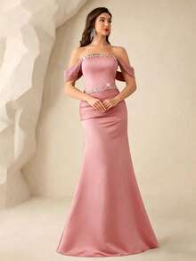 Coutiva Women's Tube Front Beaded + Rhinestone Embellished Bustier Formal Evening Gown (Heavy Workmanship Style) - Pink - View 7