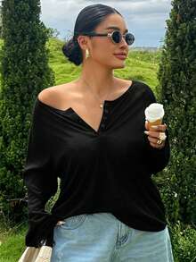 Dazy Plus Solid Color Large Scoop Neck Half-Open Placket Long Sleeve T-Shirt Spring/Summer - Black - View 4