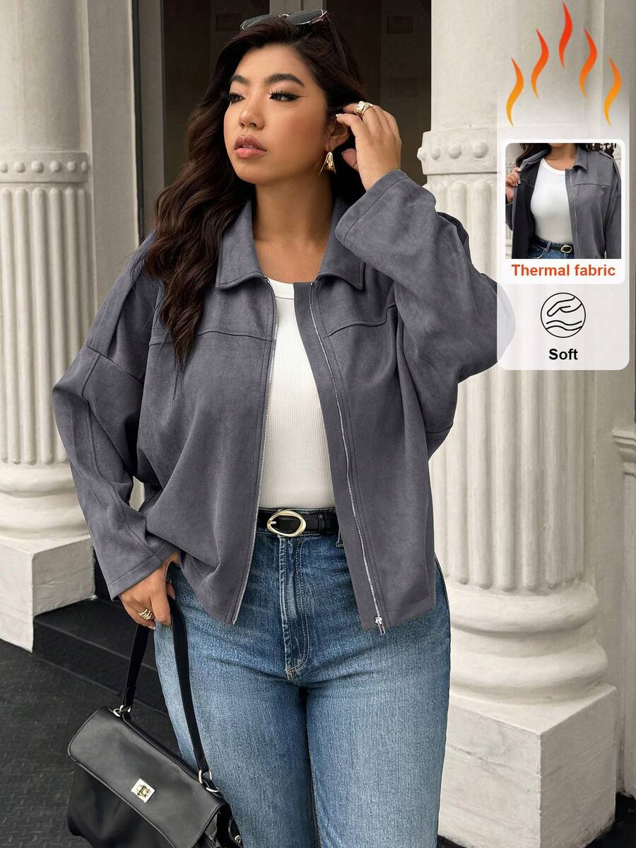 Easura Chaqueta casual de unicolor para primavera/otoño de talla grande - Gris Oscuro - Ver 1