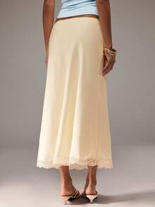 SHEIN BAE Women's Beige/Cream Solid Color Lace Trim Spliced Midi Satin Skirt, Suitable For Vacation, Beach Date, Party, Brunch, Commute, Wedding Guest Wear. - Apricot - View 2