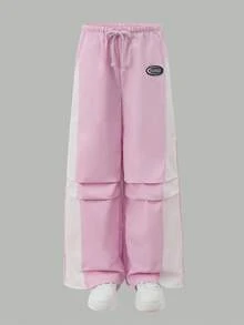 SHEIN 青少年女孩粉色拼色抽繩寬腿褲，側面拼色運動校園夏季街頭休閒長褲，輕盈光滑面料 - 粉色 - 查看 3