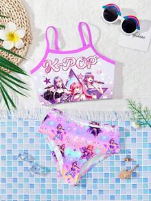 K-Pop Superstars Cartoon Young Girls Portrait Fitted Camisole & Bikini Swimwear Set,Vibrant Gradient Color Pattern,Summer,Beach,Holiday - Multicolor - View 1