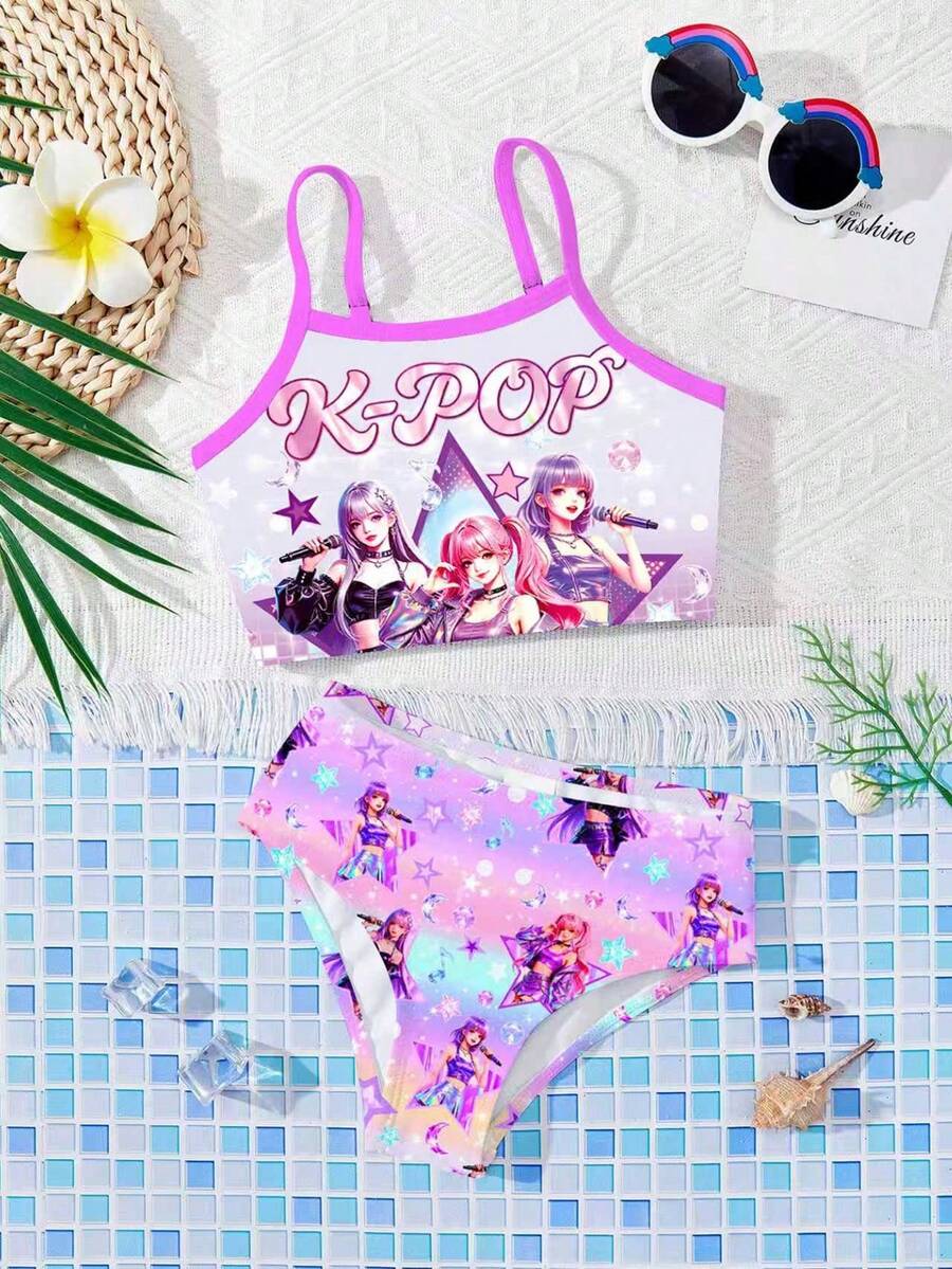 K-Pop Superstars Cartoon Young Girls Portrait Fitted Camisole & Bikini Swimwear Set,Vibrant Gradient Color Pattern,Summer,Beach,Holiday - Multicolor - View 1