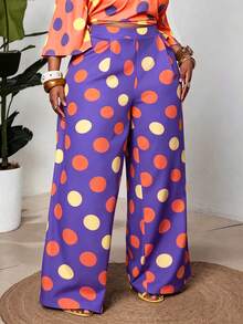 Maweii Plus Size Women's Dopamine High Saturation Color Block Polka Dot Drape Wide Leg Pants, Slimming Straight Leg Long Pants, Summer Vacation Casual Floor-Length Pants - Purple - View 4
