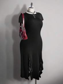 SHEIN ICON 大尺碼女款素色圓領開衩設計休閒派對洋裝 - 黑色 - 查看 5