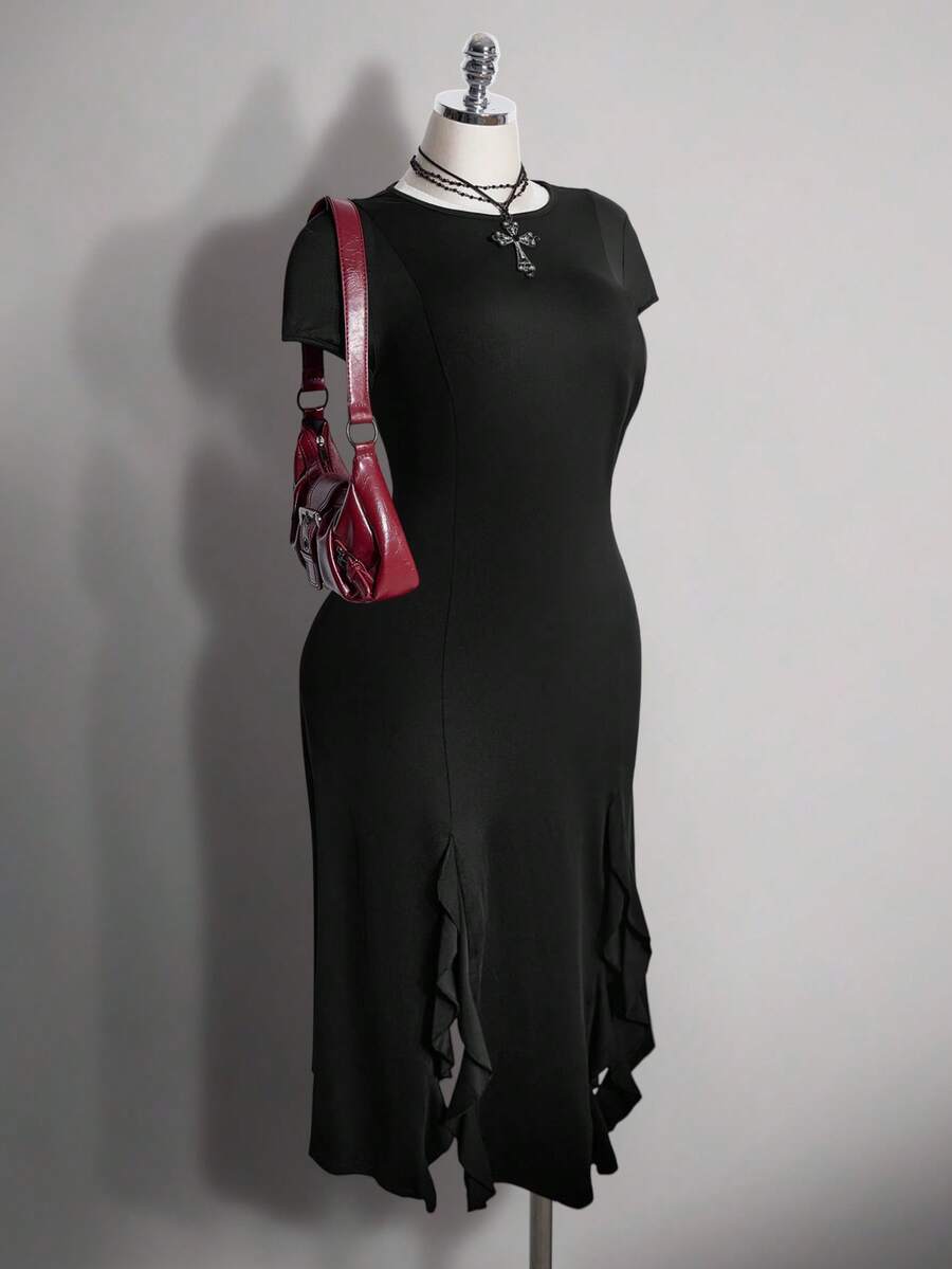SHEIN ICON 大尺碼女款素色圓領開衩設計休閒派對洋裝 - 黑色 - 查看 1