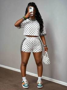 Slaydiva Setelan 2 Potong Kaos dan Celana Pendek Motif Polkadot Kasual Musim Panas untuk Wanita - MultiWarna - View 4