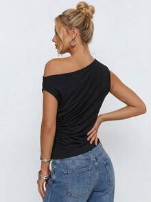 Avantive Women's Solid Color Asymmetric Shoulder Ruched Casual Versatile Daily Wear Top - Black - View 3